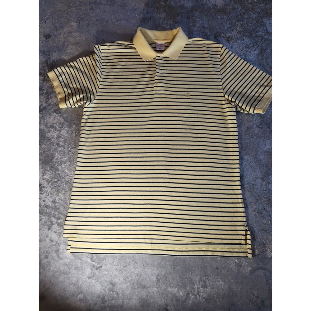 Brooks Brothers Men's Polo Shirt Yellow Striped Cotton Medium Performance Knit